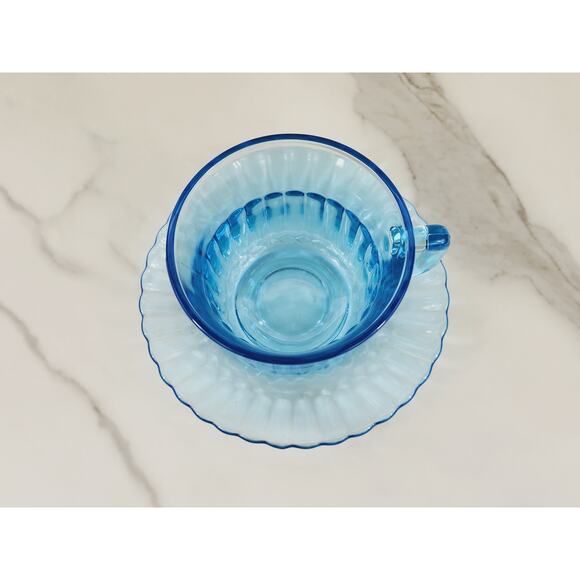 Fortecrisa Azure Ice Blue Glass Tea Cup Saucer 70's Interior Ribbed 5" Mexico x2 - Picture 8 of 13